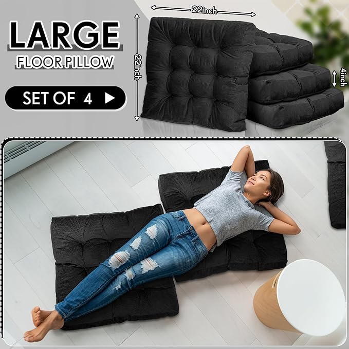 Jerify Floor Pillow Cushions Large Round Square Large Meditation Floor Pillow for Classroom Adult Meditation Picnic Party Seating Learning Daycare School(Square,Black,4 Pcs)