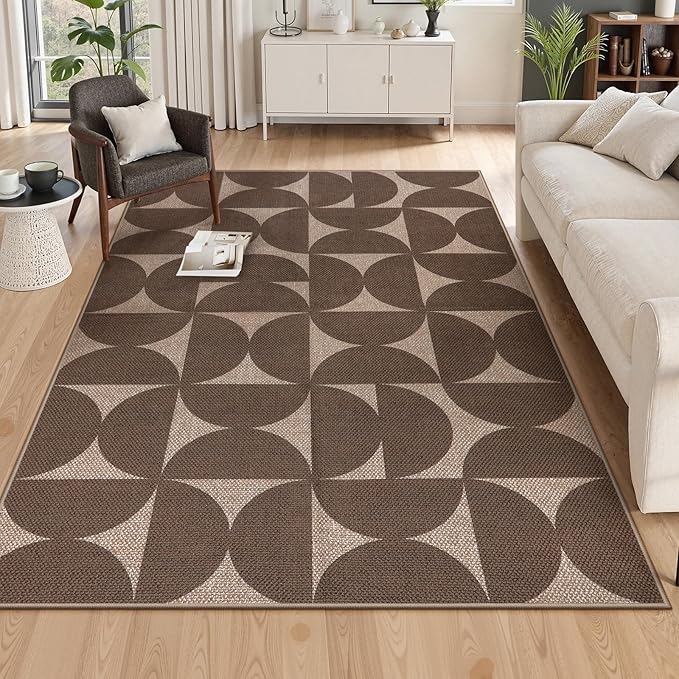 Lahome Modern Geometric Easy Jute Outdoor Rugs for Patio 5x7, Brown Washable Carpet for Living Room, Neutral Semi-Circle Thin Rug for Bedroom Office Entrance Porch Non Slip