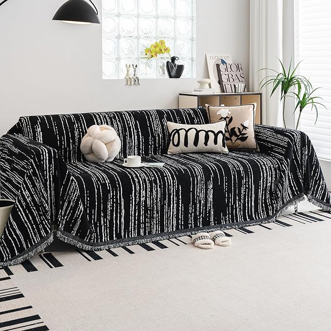 Chenille Couch Cover Pet Friendly, Sofa Cover Washable, Reversible Sofa Slipcover for Sectional Sofa, Loveseat, 2 or 3 Cushion Couch, Corner Sofa, Futon Cover (71" X 118", Black)