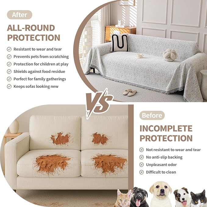 Couch Cover for Dogs, Boho Sofa Covers for 3 Cushion Couch, Chenille Slipcover for Pets Washable, L-Shape Sectional Couch Loveseat Cover Soft Throw Blankets with Tassels(91x150,Speckled Grey)