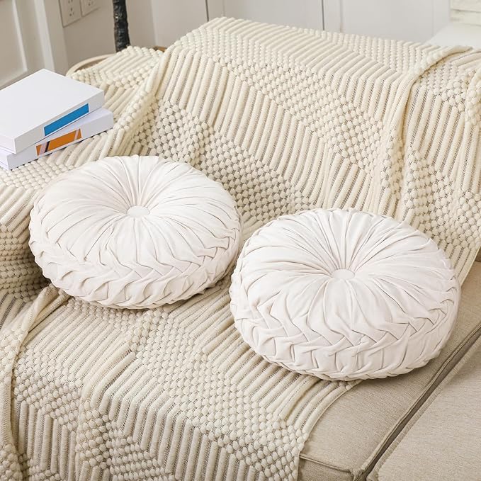 4 Pcs Round Throw Pillows 15 Inch Decorative Velvet Pleated Pumpkin Pillows Boho Floor Pillow with Center Button for Living Room Couch Chair Bed Sofa Home Decoration (Ivory)
