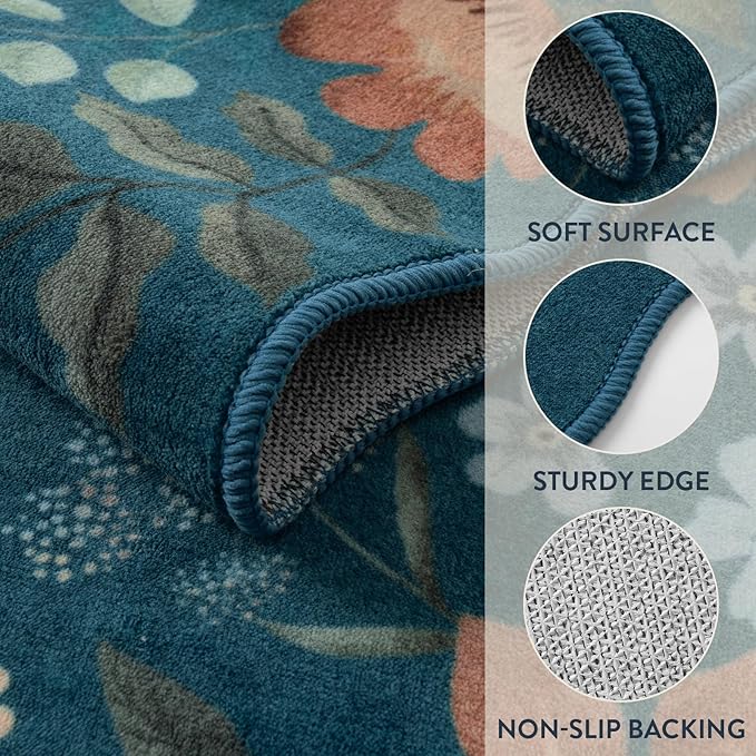 Lahome Floral Washable Rugs for Bedroom, 4X6 Area Rug Ultra-Thin Soft Living Room Rug, Non-Slip Classroom Rug Stain Resistant Boho Rug Low-Pile for ‎‎Nursery Office Flore (4x6ft,Navy Blue)