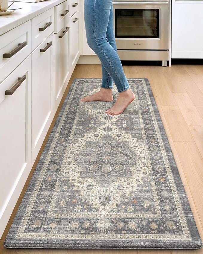 DEXI Kitchen Floor Mats Anti Fatigue, 23x59 Large Cushioned Vintage Runner Rug Waterproof, Standing Comfort Memory Foam Padded for Front Sink Laundry Office, Dark Grey