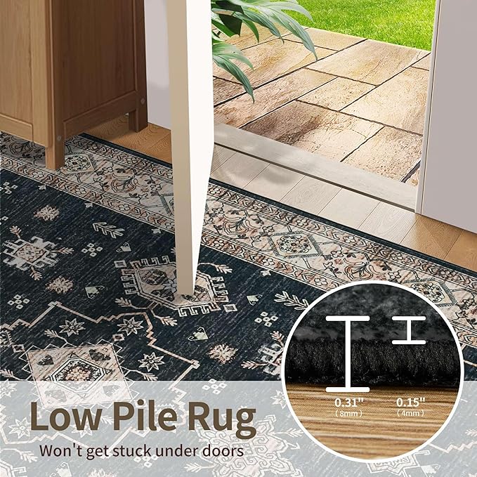 8x10 Area Rugs for Living Room, Large Washable Rug, Black Vintage Boho Rug, Non Slip & Low Pile Faux Wool Carpet for Indoor Dining Room, Bedroom and Farmhouse(Black 8x10ft)