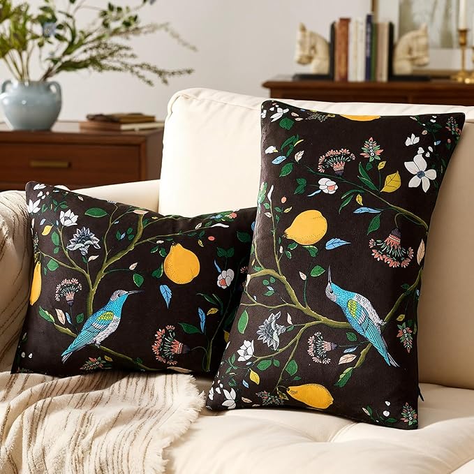 MUSSEL Brown Floral Pillow Covers 12x20 Set of 2, Velvet Wild Flower Plant Throw Pillows Case, Square Farmhouse Decor Cushion Covers for Home Sofa Bed Couch