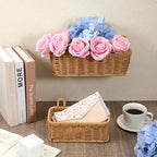 Set of 2 Wall Hanging Baskets, Boho Style Hand-Woven Hanging Storage Basket, Plastic Woven Baskets with Hangers for Kitchen Home Decor Bathroom Living Room (Light Brown, Imitation Rattan Plastic)