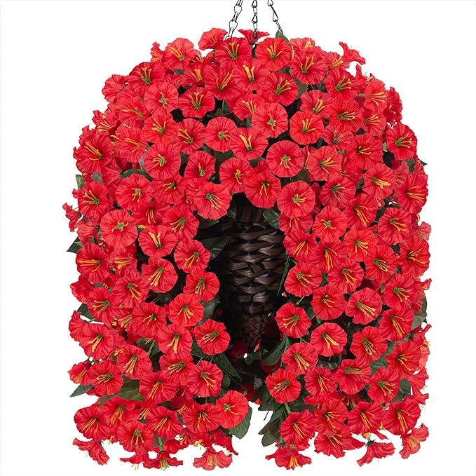 HyeFlora Artificial Fake Red Hanging Flowers Plants Baskets for Outdoor Winter Christmas, Faux Silk UV Resistant Look Real Morning Glory Vines for Outside Porch Patio Balcony Garden Yard Home Decor