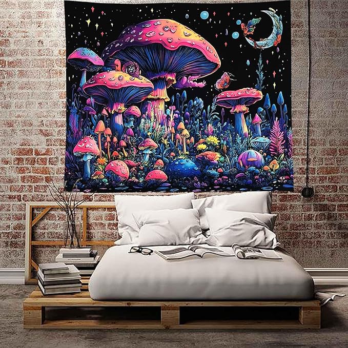 TUGCAY Blacklight Mushroom Tapestry Fantasy Forest Moon Butterfly Plant Snail Tapestry UV Reactive Aesthetic Wall Hanging Tapestries for Bedroom Dorm Living Room Classroom Decor 47 x 35 Inches
