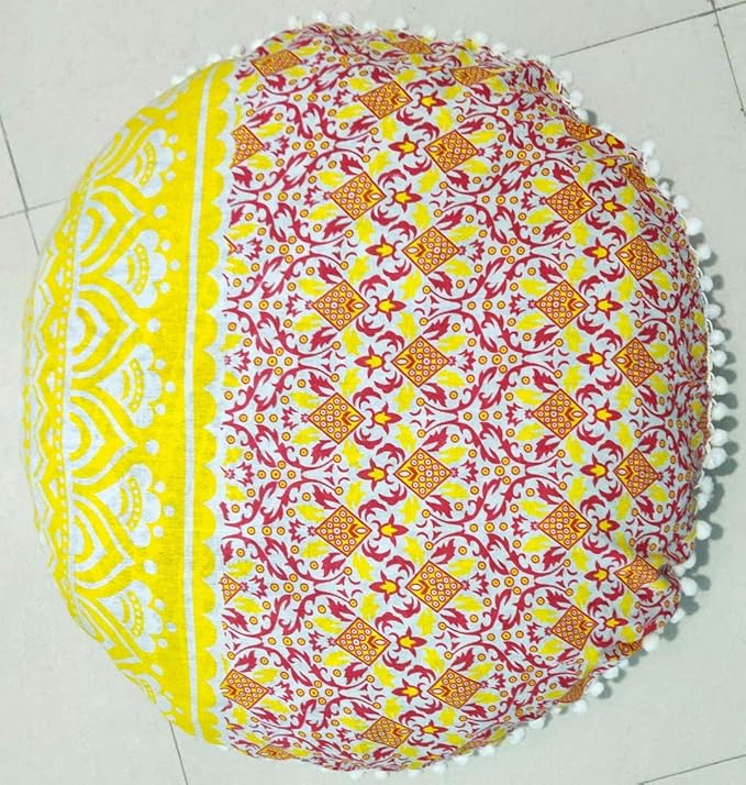 CRAFT KALA Mandala Floor Pillow Cushion Cover Seating Throw Cover Hippie Decorative Bohemian Ottoman Pouf Pom Pom Pillow Cases Boho Indian Cotton Living Yoga Home Décor 24: Round Set Of 2 Yellow Ombre