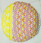 CRAFT KALA Mandala Floor Pillow Cushion Cover Seating Throw Cover Hippie Decorative Bohemian Ottoman Pouf Pom Pom Pillow Cases Boho Indian Cotton Living Yoga Home Décor 24: Round Set Of 2 Yellow Ombre