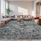 10x14 Area Rugs for Living Room Bedroom, Large Washable Rug, Blue Vintage Retro Boho Rug, Non Slip & Low Pile Faux Wool Thin Carpet for Indoor Dining Room and Kids Room(Blue 10x14ft)