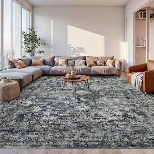 10x14 Area Rugs for Living Room Bedroom, Large Washable Rug, Blue Vintage Retro Boho Rug, Non Slip & Low Pile Faux Wool Thin Carpet for Indoor Dining Room and Kids Room(Blue 10x14ft)