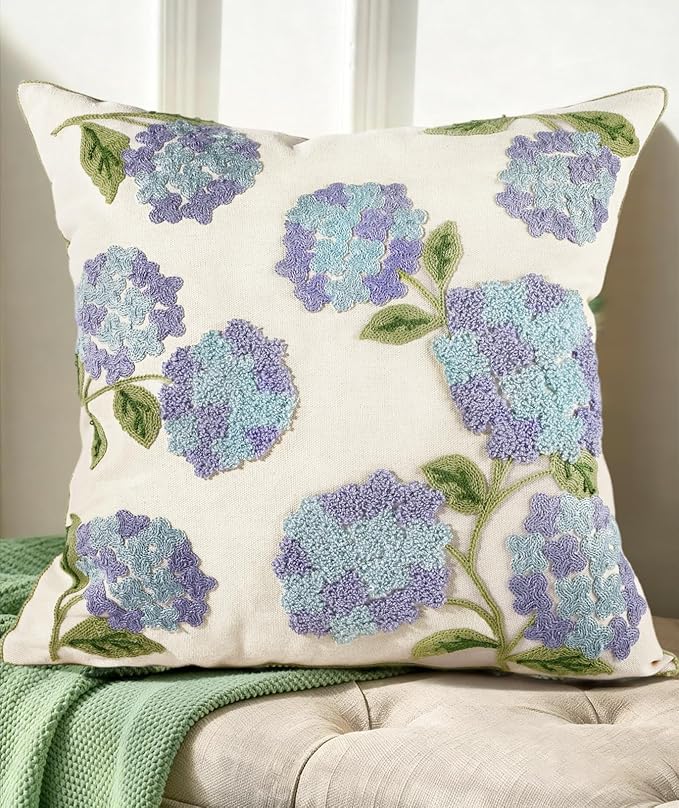 Embroidered Throw Pillow Cover - 18x18 Decorative Pillow Cover with Zipper Aesthetic Cute Design Boho Spring Summer Cozy Throw Pillowcase for Living Room Couch Sofa Bed, Blue Hydrangea