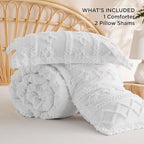 Bedsure Tufted Boho Comforter Set Queen Size - Bright White Boho Bed Set, GentleSoft™ 3 Pieces Farmhouse Shabby Chic Embroidery Bedding, Gifts for Woman, Soft Jacquard Queen Comforter for All Seasons