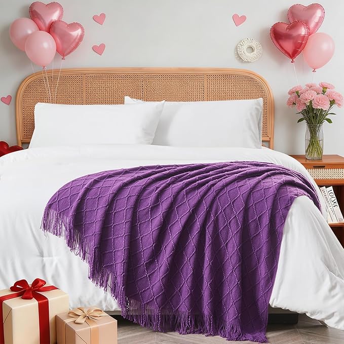 inhand Purple Knitted Throw Blanket for Couch Bed, Mothers Day/Mom Birthday Gifts for Mom from Daughter Son, Soft Lightweight with Tassels, Farmhouse Warm Decorative Blanket for Women, 50"x60"