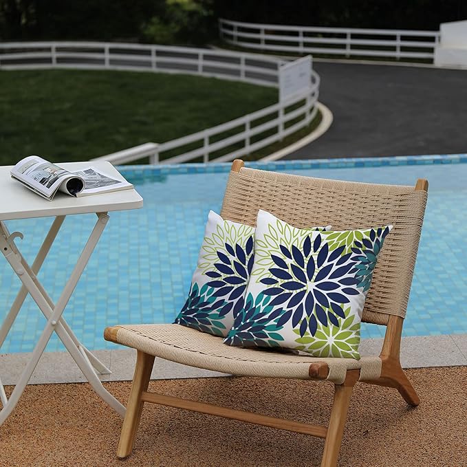 DFXSZ Navy Blue Flower Pillow Covers 16x16 Inch Set of 2 White Gray Colored Throw Pillows Outdoor Waterproof Decor for Living Room Sofa Patio Funiture Garden Floral Polyester Pillow Covers 002P16