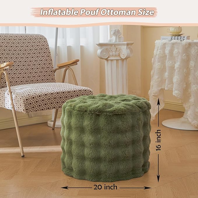 LIFEREVO Faux Rabbit Fur Round Inflatable Pouf Ottoman, 20" X 16" Plush Fuzzy Waffle Bubble Floor Poufs Foot Rest for Living Room Bedroom, Furry Pouf Foot Stool Home Decor, Anti-Slip, Sage Green