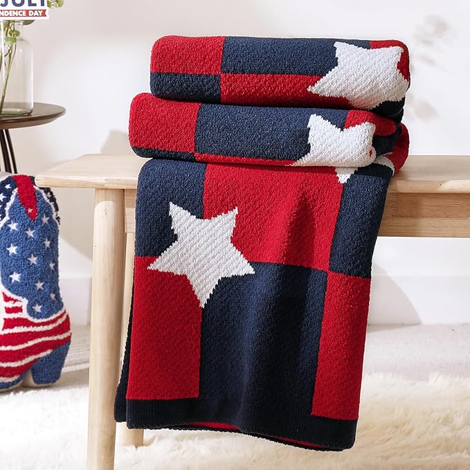 Amélie Home Patriotic Ultra Soft Knit Chenille Throw Blanket - Red White Blue Stars American Flag Pattern Cozy Blankets for Couch, 4th of July Memorial Independence Day Gifts, 50"x60", Red&Blue