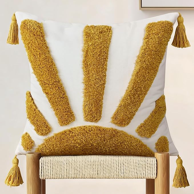 Boho Throw Pillow Covers 18x18 Inch Set of 1, Yellow Sun Tufted Square Pillow Covers with Tassels, Bohemian Farmhouse Decorative Cushion Cover for Couch Sofa Bedroom Living Room Home Decor