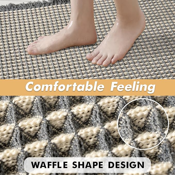 MIULEE Set of 2 Waffle Bathroom Runner Rugs, Boho Bath Rug Non Slip Washable, Super Absorbent Runner Bath Mats, Rubber Backed, Ideal for Hallway Laundry Room, Dark Grey & Yellow, 2'x5'(24x60 Inch)