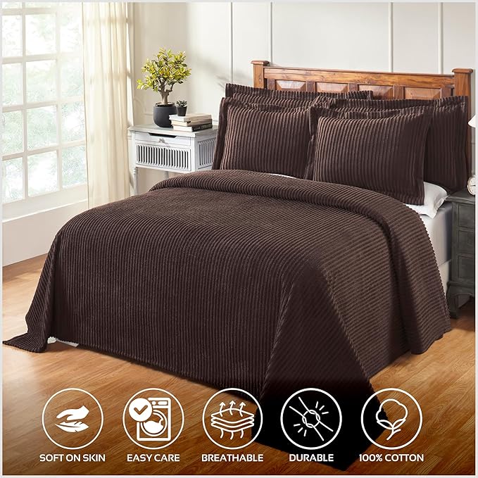 Better Trends Chenille Bedspreads Full/Double Size, Chocolate 100% Cotton Chenille Stripe Design Tufted Bedding Coverlet Soft Lightweight, 96"x110" 1 Pieces Jullian Collection