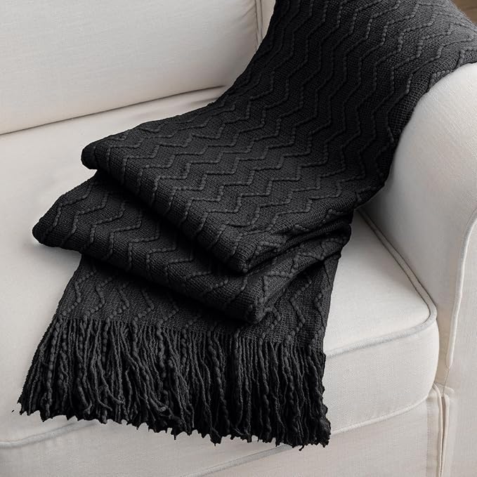 BATTILO HOME Black Throw Blanket for Couch, Boho Black Throws for Home Decor, Soft Throw Blankets for Bedroom Decor Housewarming Gifts, 50"x60"