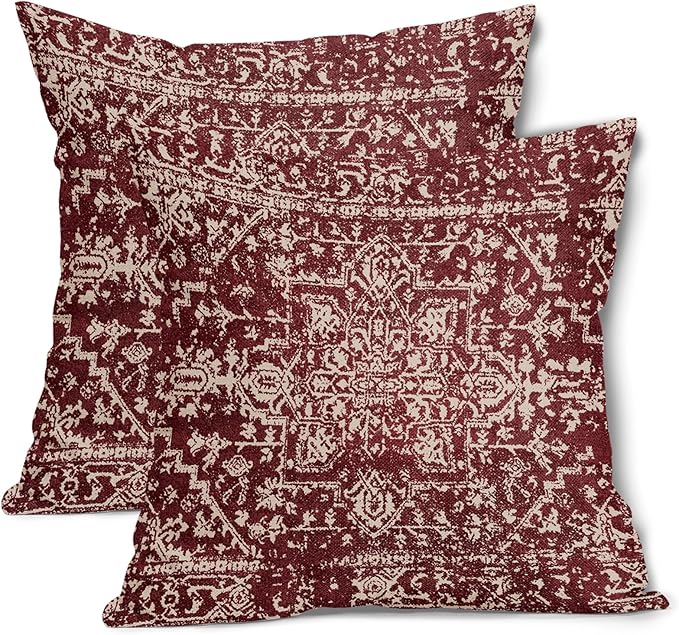 Burgundy Red Boho Throw Pillow Covers 24x24 Inch Decorative Square Beige Tan Gray Maroon Pillow Cases Bohemian Carpet Pattern Ethnic Cushion Covers Farmhouse Home Decor For Sofa Couch Outdoor Set of 2