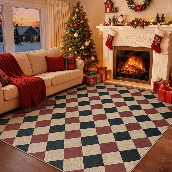 Lahome Checkered Rugs for Living Room, 8x10 Indoor Outdoor Rug Dining Room Office Carpet, Checkerboard Black and Red Washable Non Slip Floor Carpet for Patio Classroom Backyard