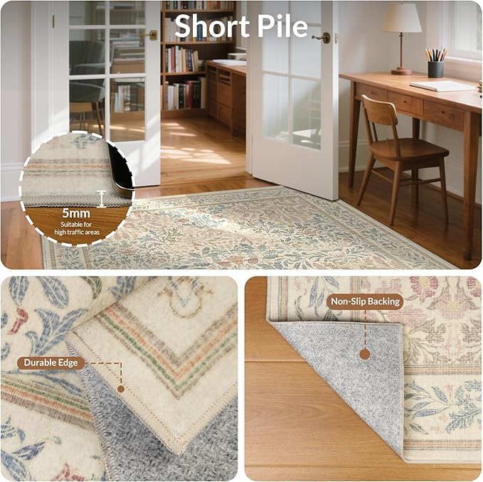 GENIMO Floral Washable Runner Rug 2’6”x10’, Non-Slip Long Hallway Carpet for Entryway, Kitchen, Indoor Floor Use, Vintage Boho Soft Thin Rug Décor, Beige Pink