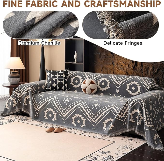 VClife Bohemian Tribal Sofa Cover Gray White Aztec Geometric Pattern Couch Cover for 3-4 Cushion Couch Sofa - Non Slip Sectional Slipcover Decorative Furniture Protector for Home Decor 71" X 150"