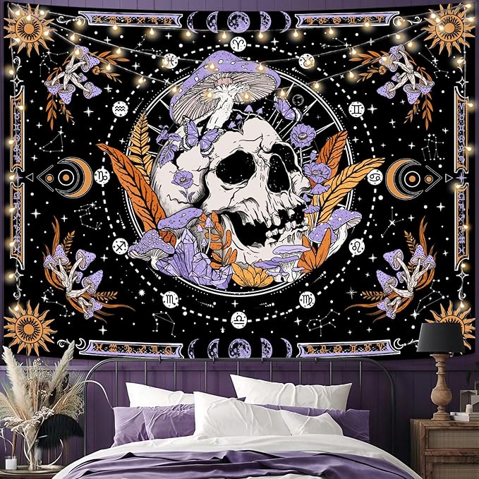 Aipon Purple Skeleton Tapestry Bedroom Skull Mushroom Tapestries Hippie Nature Plants Floral Flower Aesthetic Tapestry Wall Hanging for Living Room Dorm (Purple, 48'' × 36'')