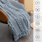 Ultra Soft Pre-Washed Quilted Boho Dark Blue Twin Size Blankets for Bed, Ruffle Fringed Decorative Throw, Stone Washed Chic Rustic Blanket for Sofa Couch Bed, 60"*80"