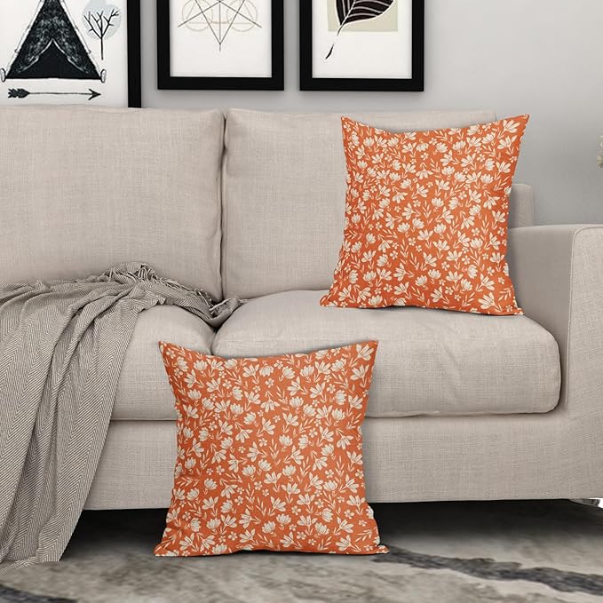 Orange Pillow Covers 16x16 Set of 2 Vintage Floral Rustic Old Style Cute Flower Print Decorative Outdoor Pillowcases Seasonal Farmhouse Throw Cushion Case Decor for Couch Sofa Bed