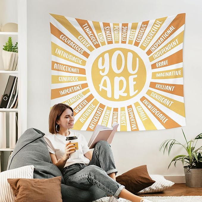 WARDOS Boho Sunshine Tapestry, You Are Inspirational Tapestry Wall Hanging, Colorful Boho Sun Positive Affirmation Wall Blanket Decor for Kids Room Nursery Playroom Classroom, 50x60 Inch (yellow)