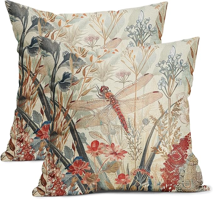 Kawani Summer Dragonfly Pillow Covers 24X24 Inch Red Floral Flower Botanical Nature Decorative Pillow Cases Set of 2 Vintage Farmhouse Throw Pillows for Cushion Sofa Couch Outdoor
