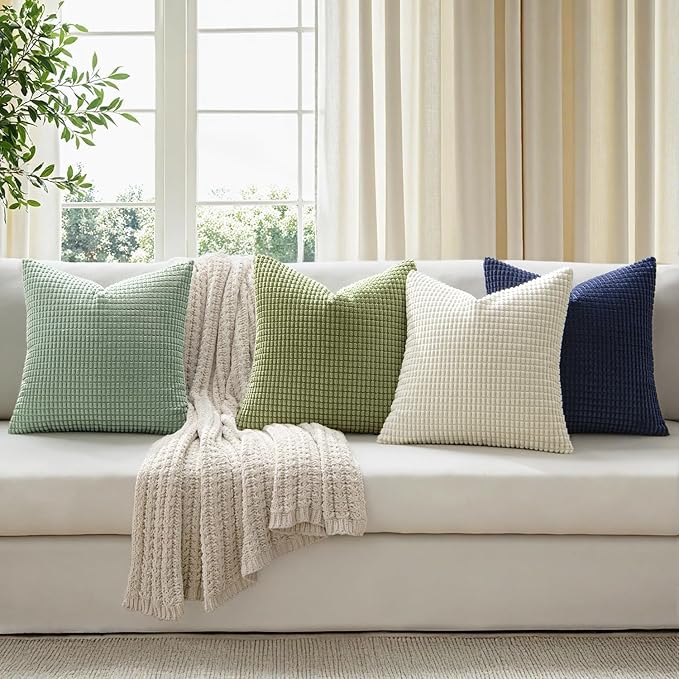 MIULEE Modern Farmhouse Decorative Spring Pillow Covers 18x18 Inch Set of 4 Natural Rustic Throw Pillows Neutral Warm Soft Corduroy Couch Pillowcases Home Decor for Sofa Living Room Bed Muted Teal