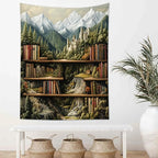 LB Forest Library Tapestry Snow Mountain Green Tree Vinage Book Wall Tapestry Fairytale Castle Classroom Bookshelf Wall Decor for Bedroom Living Room College Dorm,51Wx59H inches
