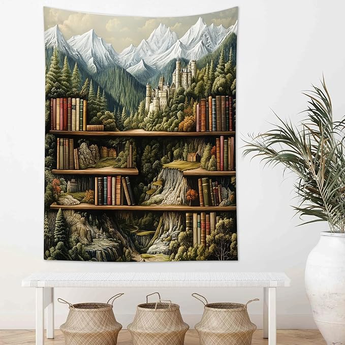 LB Forest Library Tapestry Snow Mountain Green Tree Vinage Book Wall Tapestry Fairytale Castle Classroom Bookshelf Wall Decor for Bedroom Living Room College Dorm,51Wx59H inches