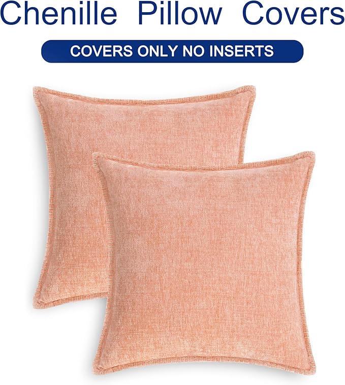 CaliTime Throw Pillow Covers Decorative 20 X 20 Inches Pack of 2 Cotton Thread Stitching Edges Solid Dyed Soft Chenille Cushion Cases for Couch Sofa Bed Living Room Farmhouse Dusty Pink