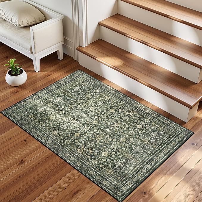 Lofus Area Rug for Living Room, 2x3 Washable Rug for Entryway Bathroom, Green Non Slip Kitchen Mats for Floor, Soft Door Mat Indoor Entrance, Farmhouse Carpet for Entry Living Room Bedroom