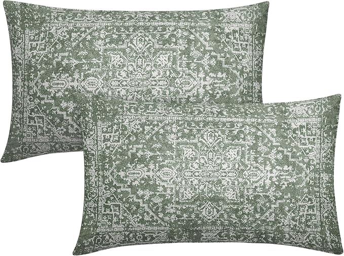 Sage Green Boho Lumbar Pillow Covers 12x20 Inch Bohemian Carpet Pattern Ethnic Pillow Cases for Couch Farmhouse Vintage Geographic Rug Rectangle Pillow Cases for Bed Patio Covers Outdoor Indoor Set 2