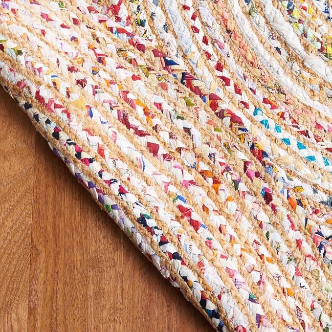 SAFAVIEH Area Rug 7' Round - Cape Cod Collection - Beige & Multi, Handmade Jute & Cotton, Woven Braided Design (CAP202B)