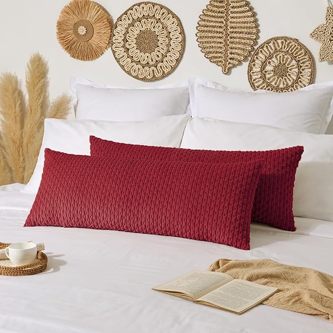 Kevin Textile Valentines 20x54 Inch Long Body Lumbar 1 Pack Boho Decorative Throw Pillow Cover Soft Striped Corduroy Rectangle Cushion Case Farmhouse Accent for Living Room Couch Sofa Bed, Burgundy