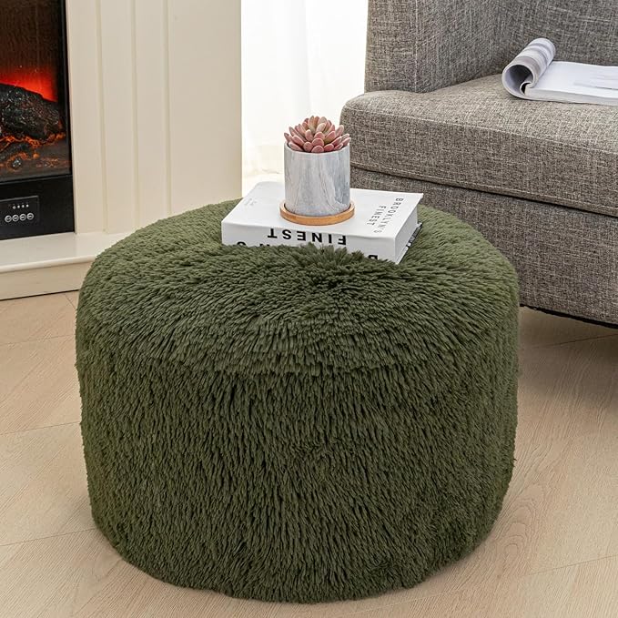 Stuffed Pouf Ottoman with High Density Foam Filler Plush Fiber Stool Foot Stool Storage Ottoman 20 * 12''Floor Pouf Foot Rest for Living Room (Green Pouf with Filler)