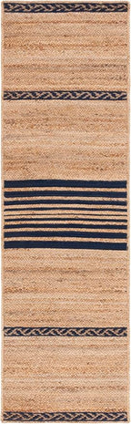 SAFAVIEH Natural Fiber Collection Runner Rug - 2'3" x 8', Natural & Navy, Handmade Stripe Boho Farmhouse Rustic Braided Jute, Ideal for High Traffic Areas in Living Room, Bedroom (NFB262N)
