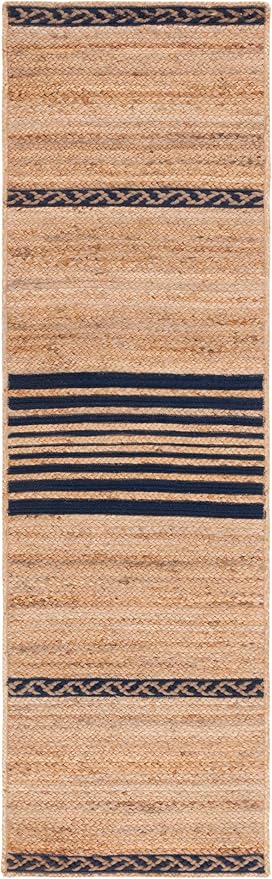 SAFAVIEH Natural Fiber Collection Runner Rug - 2'3" x 8', Natural & Navy, Handmade Stripe Boho Farmhouse Rustic Braided Jute, Ideal for High Traffic Areas in Living Room, Bedroom (NFB262N)