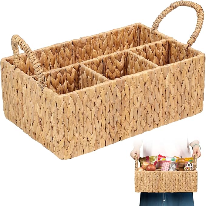 Divided Hyacinth Baskets with Handles, Storage Basket Natural for Organizing Bathroom Kitchen Shelves Office Supplies Organization, Wicker Storage Baskets 4 Section Rectangular Tray