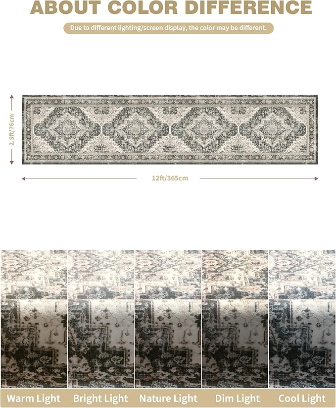 Washable Runner Rug 2.6x12 Runners for Hallways, Ultra-Thin Carpet Runners for Entryway Anti Slip Backing Runner Rugs for Kitchen Laundry Room Indoor Hallway (Black/Beige)