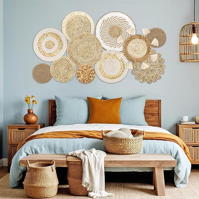 LOMOHOO Set of 11 Boho Wall Basket Decor Wicker Woven Wall Basket Decorations Bohemian Handcrafted Round Basket Hanging decor Bulrush Wall Art Decors for Living Room Rustic Home