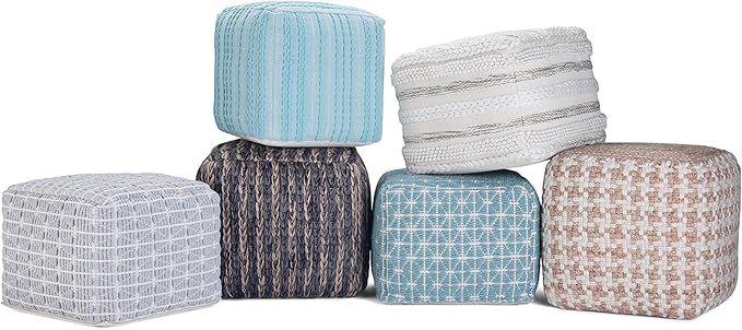 SIMPLIHOME Sommer Square Pouf - 18 inch Wide Upholstered Handloom Woven Cotton Ottoman in Natural, Boho-Style Footstool, Extra Seating or Accent Piece for Living Room or Bedroom, Assembled
